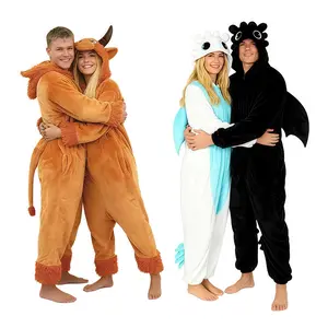 Couple's jumpsuit - adult plush one-piece clothing, Christmas and role-playing, multiple styles, black and white dragon, cow, man eating flower