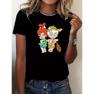 [Cute Cartoon T-shirt] Cute Cartoon Print Graphic Women's Casual Round Neck Short Sleeve T-shirt |   Comfort Fit, Fashion Sports Tee Tops