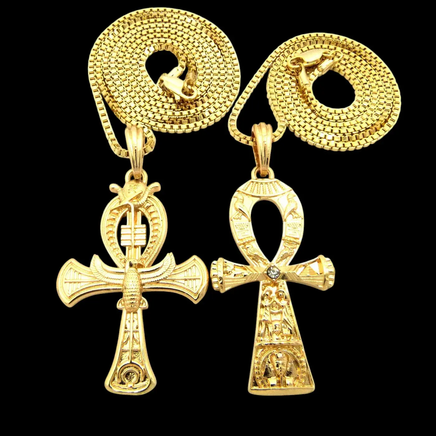 MaxBling81 Egyptian Ankh Cross of Life Gold-Plated Pendant Set, 20in-24in Gold Statement Box Chain, Unisex Hip Hop Fashion Costume Jewelry Necklaces, Gold Statement Chain