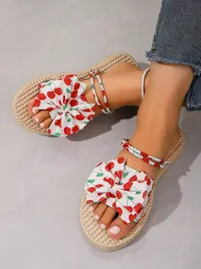Cherry Print Bow Flat Sandals for Women, Detachable Back Strap, Summer Sweet Casual Beach Shoes, Versatile Outdoor Footwear