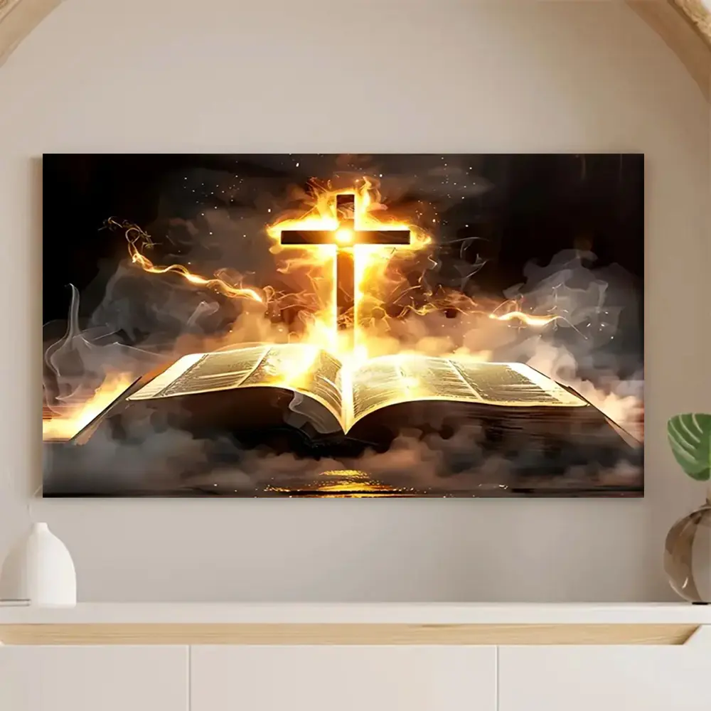 1-Piece Multi-Size Framed Canvas Wall Art Print - Golden Light Cross & Scripture Design, Wooden Frame, Religious Home Decor, Inspirational Indoor Decoration, Thoughtful Holiday Gift, Check Size Carefully, One-Piece