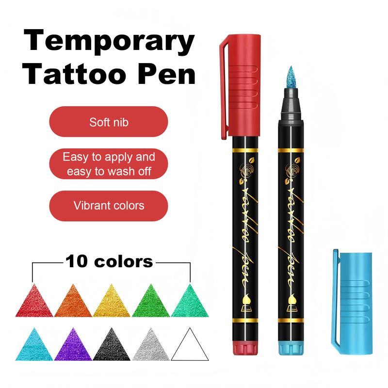 10-Color Temporary Tattoo Markers for Skin, Paint Pen Set with Fun Stickers, 10 Sheets Tattoo Stencils of Assorted Colors for kids and Adults, Flexible Brush Tip, Bright colors, Skin-Safe, Cosmetic-Grade