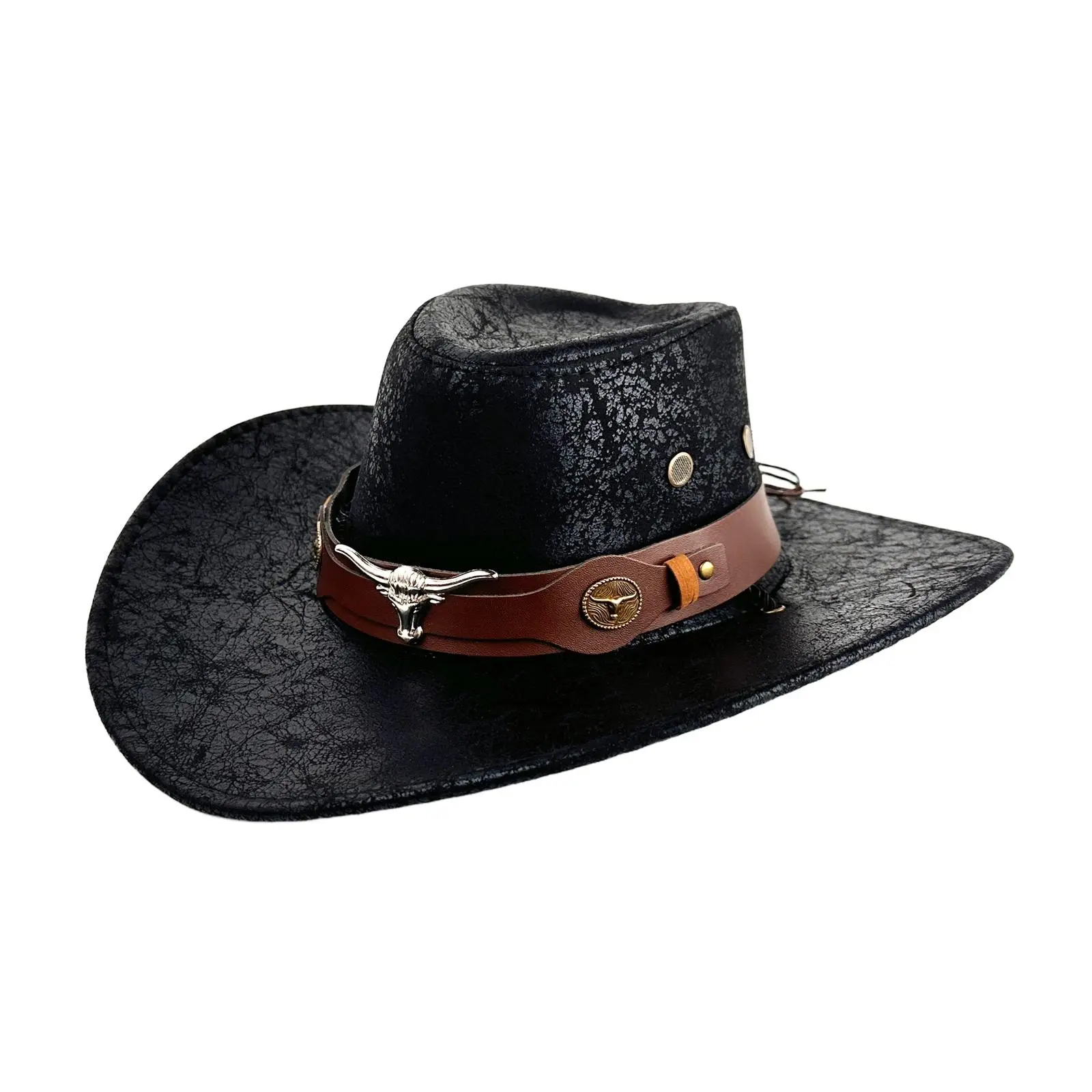 OIDEA Men's Faux Leather Cowboy Hat with Bull Head Band, Western Wide Brim Design, Secure Chin Strap for Halloween, Rodeo Outfit Inspo, Music Events, Men's Hats, Outdoor Events, Western Look, Adjustable Hat, Music Festival Hat