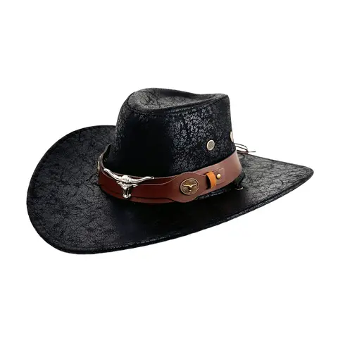 OIDEA Men's Faux Leather Cowboy Hat - Fashionable Men's Hats, American Traditional Design, Bull Head Band, Wide Brim, Adjustable Fit, Windproof Cord Chin Strap, Faux Leather Tough, for Country Concert, Outdoor Events