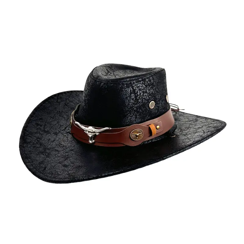 OIDEA Men's Faux Leather Cowboy Hat - Fashionable Men's Hats, American Traditional Design, Bull Head Band, Wide Brim, Adjustable Fit, Windproof Cord Chin Strap, Faux Leather Tough, for Country Concert, Outdoor Events