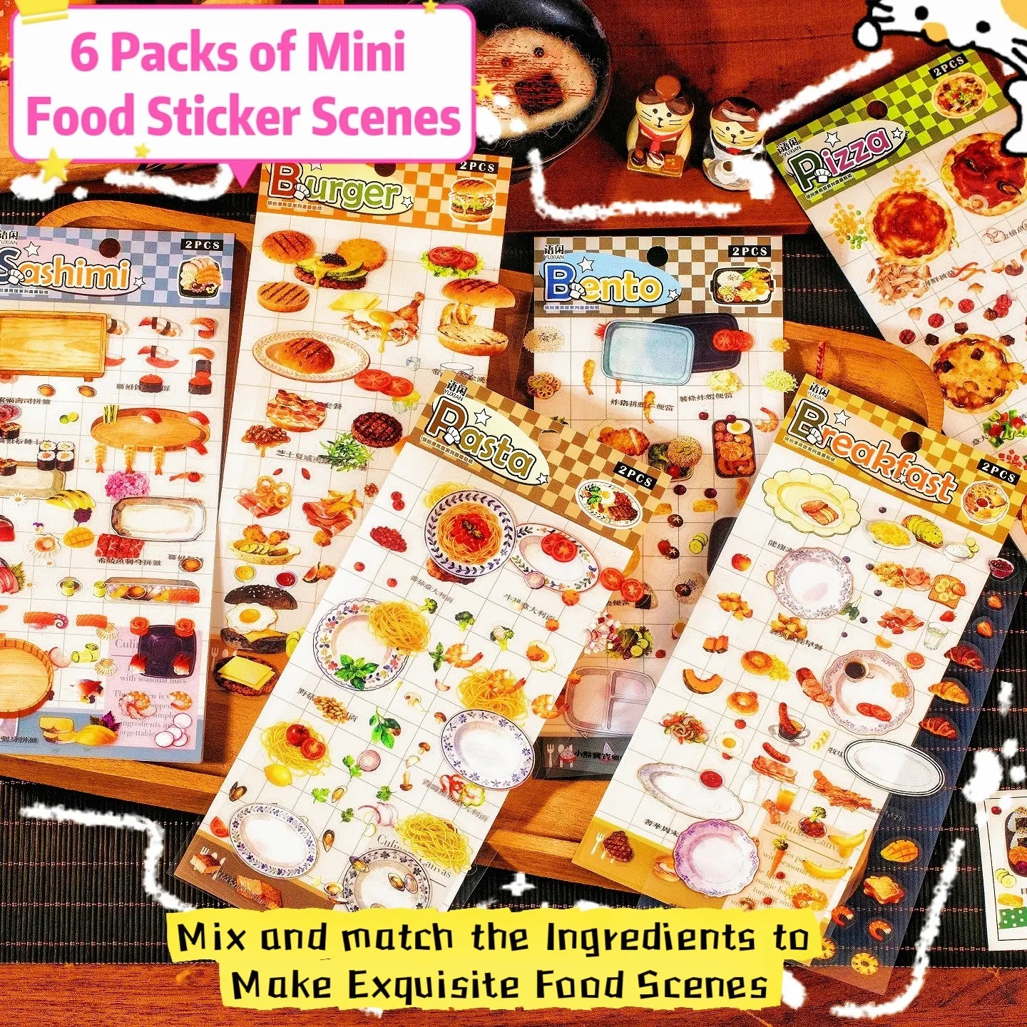 [6 Packs/12 Sheets of Mini Food Sticker Scene] Lifelike Exquisite Food Puzzle Stickers, 6 Styles of World Cuisine Sticker Scenes | Japanese Style Stickers, Journal Supplies, Decor, DIY Crafts Stickers, Phonecase Sticker, Bookish Stickers, Penpal Gifts