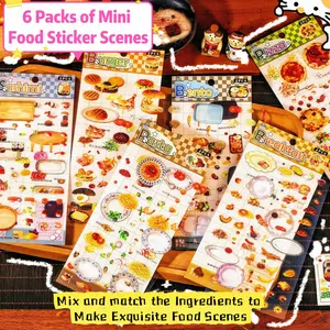 [6 Packs/12 Sheets of Mini Food Sticker Scene] Lifelike Exquisite Food Puzzle Stickers, 6 Styles of World Cuisine: Burger, Pasta, Bento, Pizza, Sashimi, Breakfast | Japanese Stickers, Journal Supplies, Decor, Handmade Menu, Phonecase Sticker, Penpal Gifts
