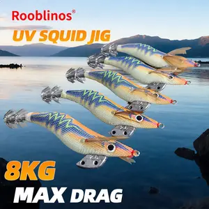 Rooblinos Lifelike 3D Saltwater Squid Jig, Luminous Wood Shrimp Squid Lure, Double Sharp Hooks Squid Hook for Saltwater Fishing, Glow in The Dark Squid Jigs for Squid, Octopus, Cuttlefish, Realistic Swimming Action for Night Fishing, Boat Fishing