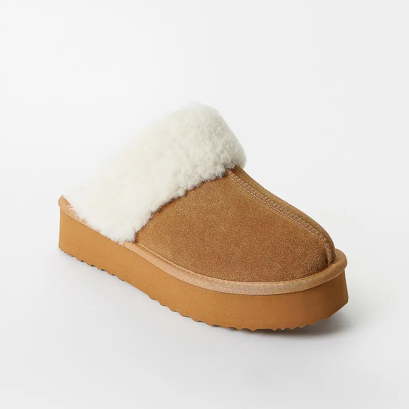 JUST FAB Women's Plush Faux Fur-Lined Suede Platform Slide Slippers - Women's Shoe with Suede Upper, EVA Sole, Flat Fuzzy Slippers Indoor & Outdoor Comfort, Footwear, Soft, Slippers For Women