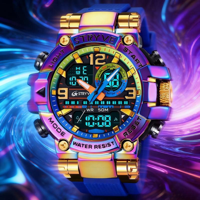 Men's Colorful Punk Style Quartz Watch  Multi-Functional Water Resistant Dual Display Wristwatch Trendy Fashion Sport Watch, Birthday Gift with Tin Box