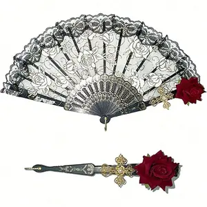 Vintage Spanish Folding Fan, Flamenco Rose Lace Decoration, Handheld Fan for Women, Party Wedding Home Office Decor