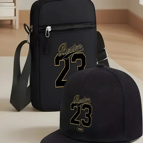 Boston 23 Print Unisex Curved Brim Hip-Hop Baseball Cap & Crossbody Bag, Street Fashion Street Style Outdoor Sport Accessory, Gift For Friends, Hipster Accessories, Adjustable Fit, Cool Hats