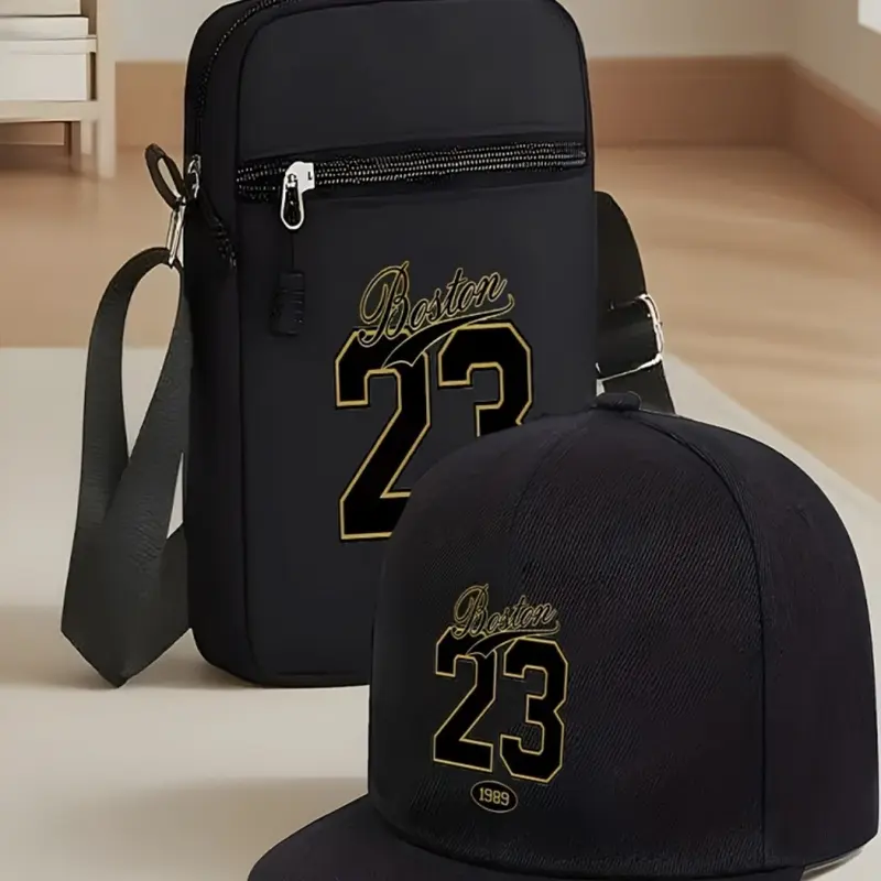 Boston 23 Print Unisex Curved Brim Hip-Hop Baseball Cap & Crossbody Bag, Street Fashion Street Style Outdoor Sport Accessory, Gift For Friends, Hipster Accessories, Adjustable Fit, Cool Hats