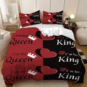 3-Piece Red and Black Heart and Letter Pattern Printed Duvet Cover Set (1 Duvet Cover + 2 Pillowcases; Inner Core Not Included), Fashionable and Comfortable Bedding Set, Suitable for Decorating Men's and Women's Rooms, Bedrooms, and Business Travel Hotels