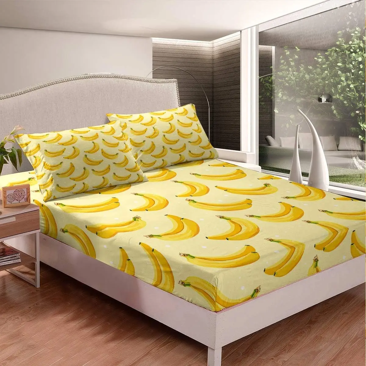 Feelyou Banana Bright Cozy Artistic Fitted Sheet Set, Tropical Fruit Theme Yellow Summer Bedding, Lightweight Microfiber Linens, Twin-Full Size Soft Linens, Bright Fitted Sheets, Cozy Fitted Sheets