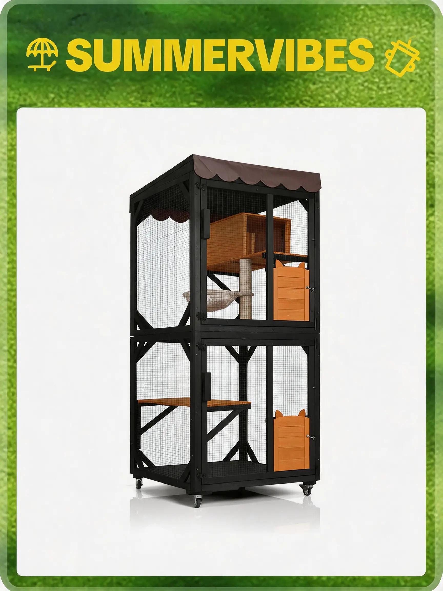 Aivituvin-AIR7014 Wooden Cat Catio with Wheels| Scratching Post|Roof Tarp,Cat House,Outdoor Cat Enclosure,Cat Furniture Portable Enclosed,Cattree,Cat hammock,Outdoor Cat Tower