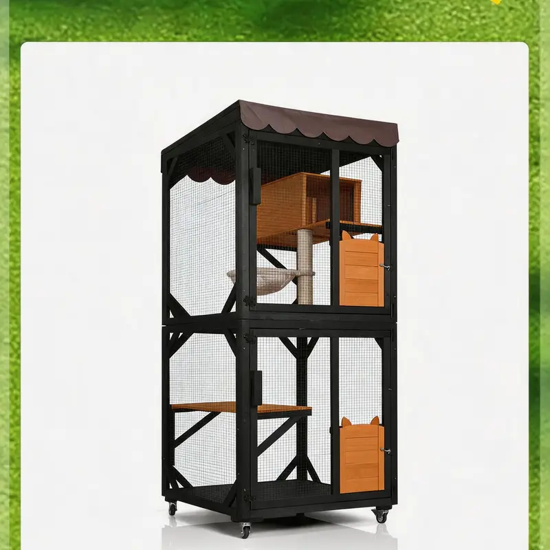 Aivituvin-AIR7014 Wooden Portable Catio with 4 Wheels, 2 Platforms, Scratching Post, Rain-Ready Tarp, Hammock, Cat House, Indoor and Outdoor Pet Furniture for Safe Playtime, Comfortable Playtime, Claw Health, Scratch-Free Home Use