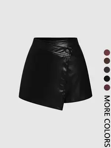 Women's Vintage PU Leather Solid Color Asymmetrical Layered Short, Minimalist Look, High Waist Zipper Skort with Pocket, Hidden Shorts & Snap Button Closure, College Style, 70s Retro, Fit, Perfect for Women Valentine's Day Date & Party