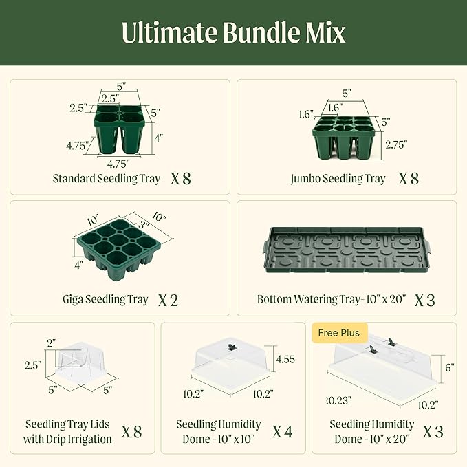 Vego garden Germination Bundle,  Seedling Trays with Seedling Tray Lids and 10" x 20" Bottom Watering Trays Plus Seedling Humidily Dome