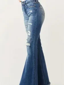 Ripped Raw Hem Bell Bottom Denim Pants, Vintage Distressed Whiskering Flare Leg Jeans, Women's Denim Jeans & Clothing