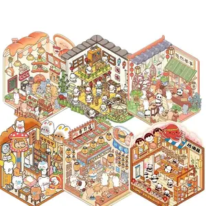 19 Pcs 3D Mini Book Scene Stickers, Tea House Pet Store Hot Pot Restaurant Sake Bar Bakery, Creative Stackable Cottage Design