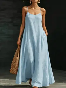2026 New Summer Halter Long Dress, Loose Fit with Pockets, Beach Vacation Casual Sandals, Wide Skirt, Two-In-One for Vacation and Commute