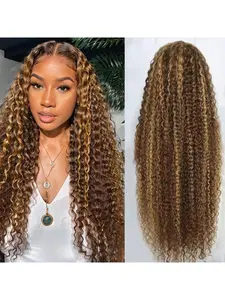 5x5 Highlight Lace Front Wig | Human Hair Deep Wave, 4/27 Color, 180% Density, Ombre Highlight Blonde, Long Curly Hair, Pre-plucked Hairline, Glueless Frontal, with Baby Hair, Natural Wig Suitable for Daily Wear, also suitable for Halloween and Christmas.