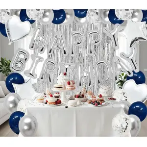Elegant Birthday Balloon Decoration Set Stylish Blue Silver & Rose Gold with Foil Curtain Heart-Shaped & Confetti Balloons Perfect for Surprise Parties Summer Celebrations and Baby Showers