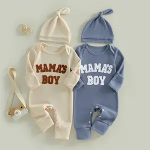 Imcute Newborn Infant Baby Boy Romper Mama's Boy Letters Embroidery Long Sleeve Jumpsuits with Hat Clothes Set