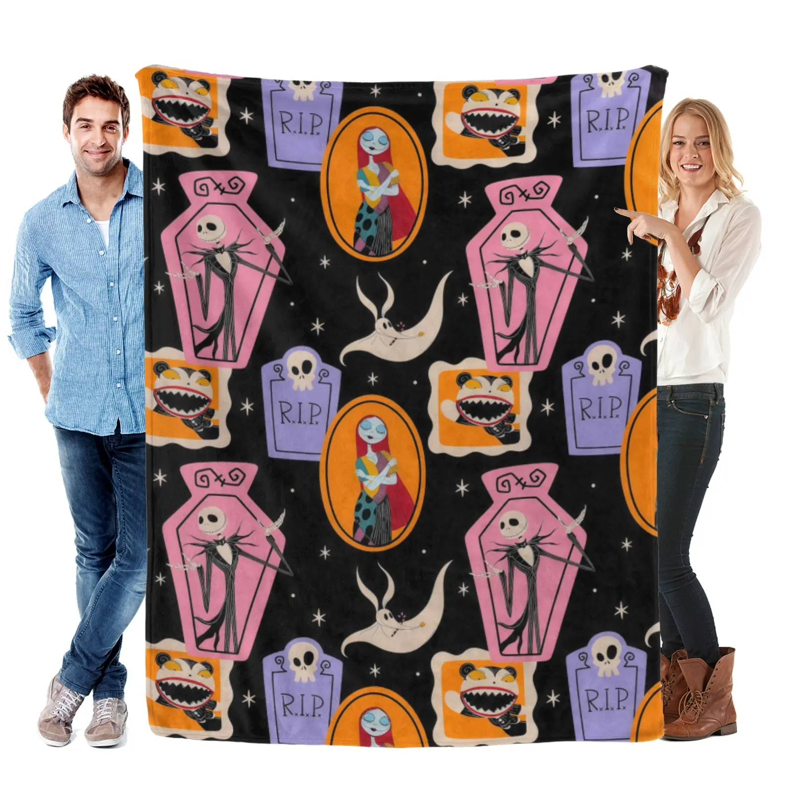 [SummerVibes] Disney Nightmare Before Christmas Flannel Coffin Tombstone Grid Blanket, Black-Spooky Pink-Purple Frame Throw, Jack Sally The Ghost Dog Fan Decor Halloween Cartoon Bed Blanket
