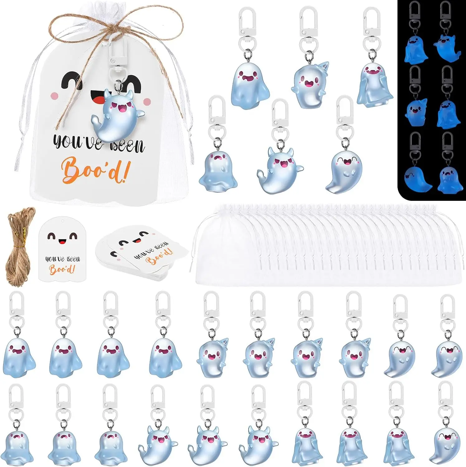 Halloween Fall Gift 20 Set Halloween Ghost Keychain Bulk Spooky Gifts Accessories | Glow Ghost Keyrings with Boo Tags for Halloween Party Favor Basket Stuffers Boo Basket Ideas Women Bag Wallet Purse Charms