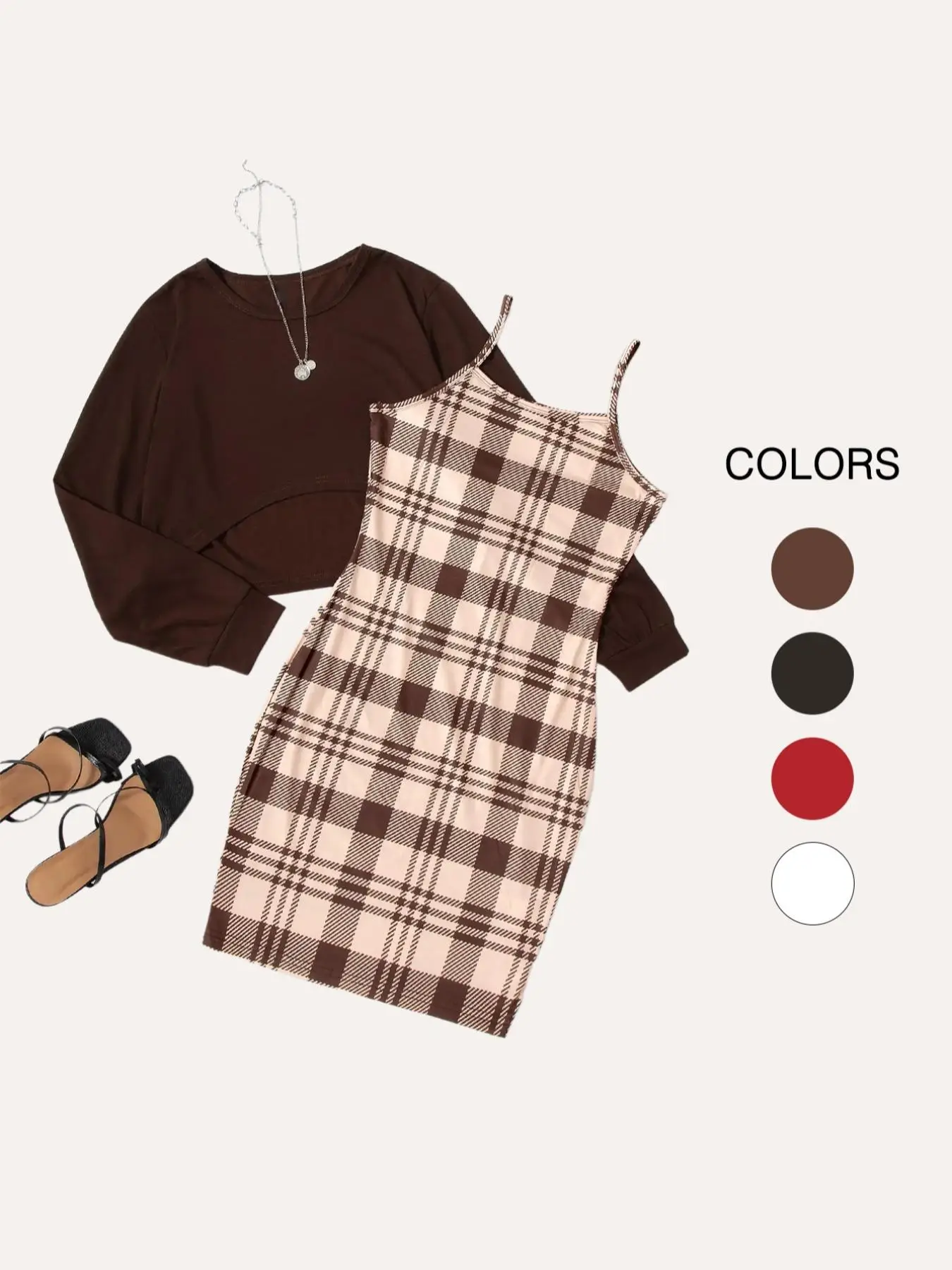 Two-Piece Set Women's Slim Fit Long Sleeve Cropped Top Sweatshirt & Plaid Cami Dress Matching Set Without Necklace, Trendy Casual Outfits Clothes Set