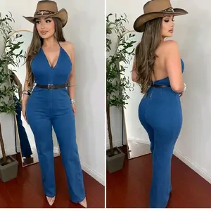 Rosy Cowgirl Jumpsuit Denim - Women's Jumpsuit with V-Neckline, Wide Leg Pants, Comfortable Fit, Ideal for Casual Outings - Jumpsuits, Overalls, Rompers, Womenswear Chic Feminine Style Cute