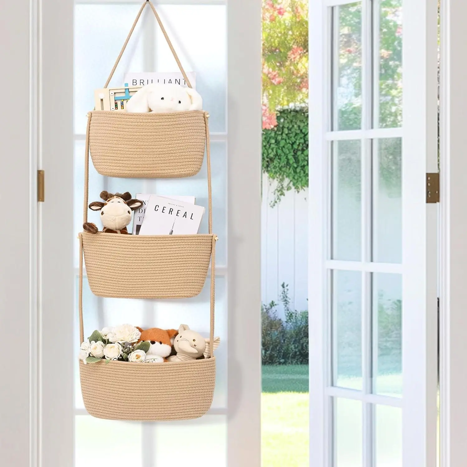 Hanging Baskets for Organizing 3-Tier Wall Basket Khaki & Off White | Over the Door Decorative Storage Organizer, Nursery Decor Organization, Baskets for Entryway Playroom Bathroom Closet ( 1 pack)