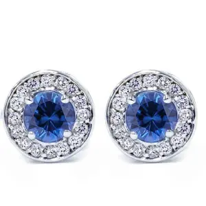 5/8ct Halo Diamond Blue Sapphire Studs 14K White Gold