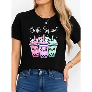 Men's Short-Sleeve Round Neck Mesh Apparel - Solid Printed Bestie Squad Bubble Tea Design, Black Streetwear Minimalist Unisex Tops, Summer Breathable Comfortable Fabric, Everyday Fit, 2 Key Outings, Made in USA