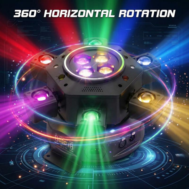 6-IN-1 Moving Head DJ Lights with RGBW 6-Arm Beams Bee-Eyes Effect 4 LED Strobes DMX-512 Sound Activated Stage Lights for Party Disco KTV Wedding Club