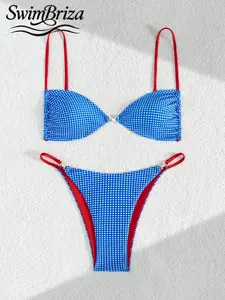 Briza｜Ruched Underwire Bikini In Blue Gingham With Red Straps, Retro Swimwear Bikini Sets Made As A Two-Piece Swimsuit, Brazilian Bikinis Style For Swimsuits 2 Piece Fans And Bathing Suits 2 Piece Set For Vacation Swimwear For Women