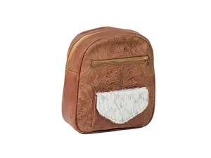 Woman's Genuine Furr Light Brown Leather Embossed Floral Backpack