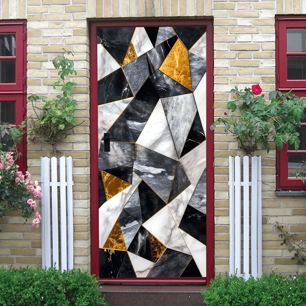 2pcs Modern Minimalist Geometric Marble Wall Stickers Nordic Luxury Style Living Room Decorative Stickers Self Adhesive Waterproof Removable TV Background Wall Decals Gold Line Art Geometric Door Sticker