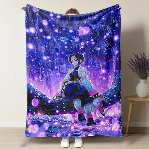 Demon Slayer Shinobu Kochou Flannel Blanket - Vibrant Purple Butterfly Aesthetic Anime Art Throw, Ultra-Soft & Warm for Bed/Sofa, Must-Have Merch for Kimetsu no Yaiba Fans