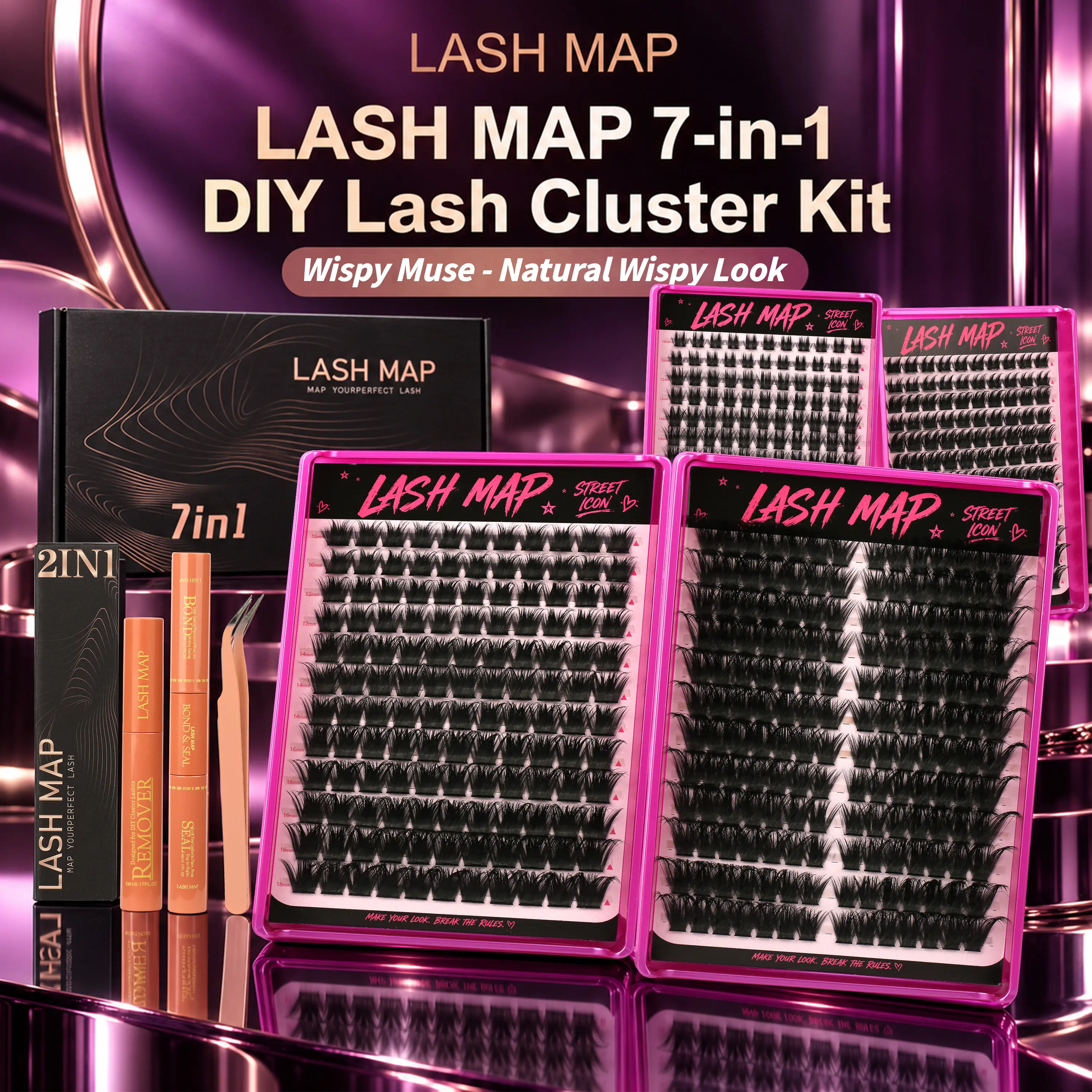 LASH MAP 7-in-1 DIY Lash Cluster Kit, 4-Style Natural Volume Lashes with Bond, Seal, Remover & Applicator