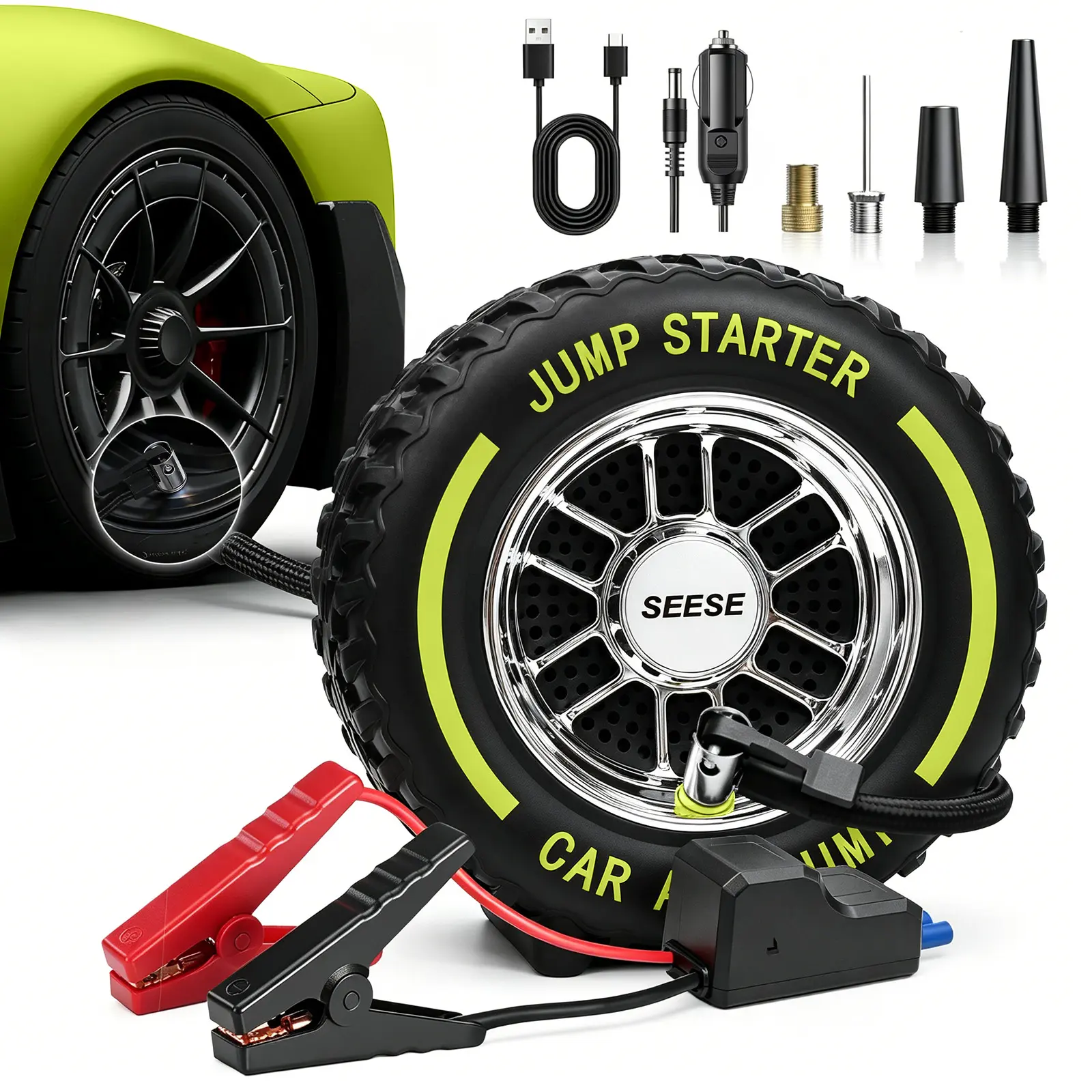 SEESE Tire Inflator Portable Air Compressor, 6000mAh Car Battery Jump Starter with LED light, 150 PSI Cordless Mini Air Bike Pump, Lightning Fast Inflation & Pressure Gauge for Auto, Motorcycles, Bikes, Balls