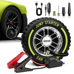 【DealsForYouDays】SEESE Tire Inflator Portable Air Compressor, 6000mAh Car Battery Jump Starter with LED light, 150 PSI Cordless Mini Air Bike Pump, Lightning Fast Inflation & Pressure Gauge for Auto, Motorcycles, Bikes, Balls