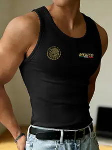 Men's Ribbed Fitted Sleeveless Tank Top - Gold Mexican National Emblem & MEXICO Flag Graphic Print, Athletic Gym & Casual Daily Top