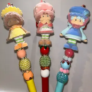 Strawberry & Friends Beaded Pens - Colorful Characters on Yellow Red & Blue Pencils with Bead Designs
