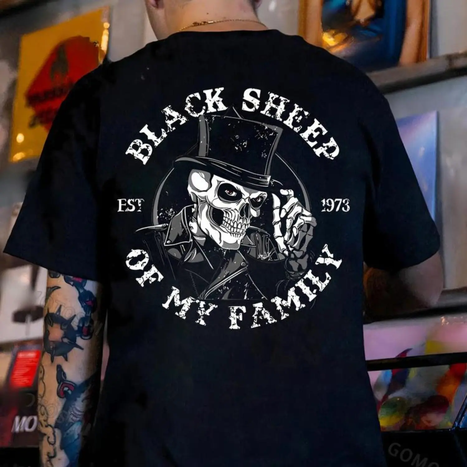 Unisex Streetwear Top with Black Sheep Skeleton Graphic - Shortsleeve Sports Apparel with a Quality Digital Print on Soft Fabric, Round Neck, T-Shirt, Cotton, Clothes, Menswear, Oversized, Classic, Casual, Fade-Free Ink, All Seasons, Graphic T Shirts