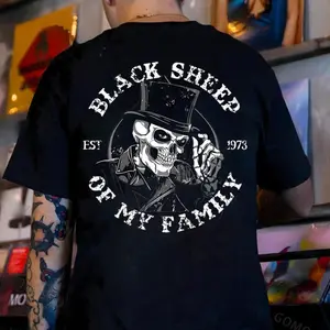 Black Sheep of My Family Skeleton Print Cotton T-Shirt for Men Casual Streetwear Top