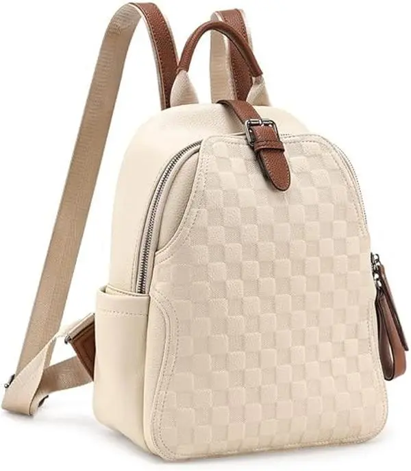 Cute Small Backpack Purse for Women, White Plaid Premium PU Leather Lightweight Laptop Daypack, Waterproof Multi-Pocket Mini Backpack for Travel School Work