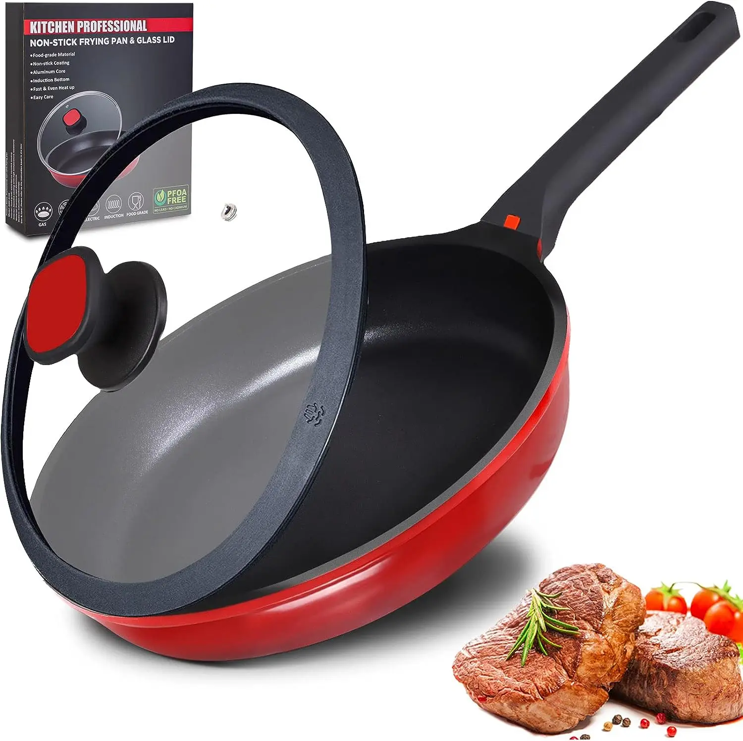 2023 DIIG Non Stick Frying Pan with Lid, 11 IN 100% PFOA Free Stickless Skillet for Cooking, 11 Inch Food Grade Aluminum Chef Pan for Kitchen, Gas, Electric Stove Top, Induction Compatible